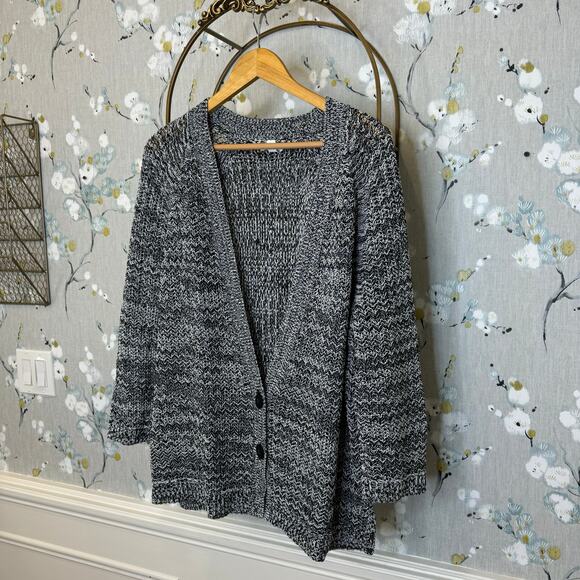 J Jill Black and White 3/4 Sleeve Length Button Up Cardigan - Size Large - Picture 2 of 6